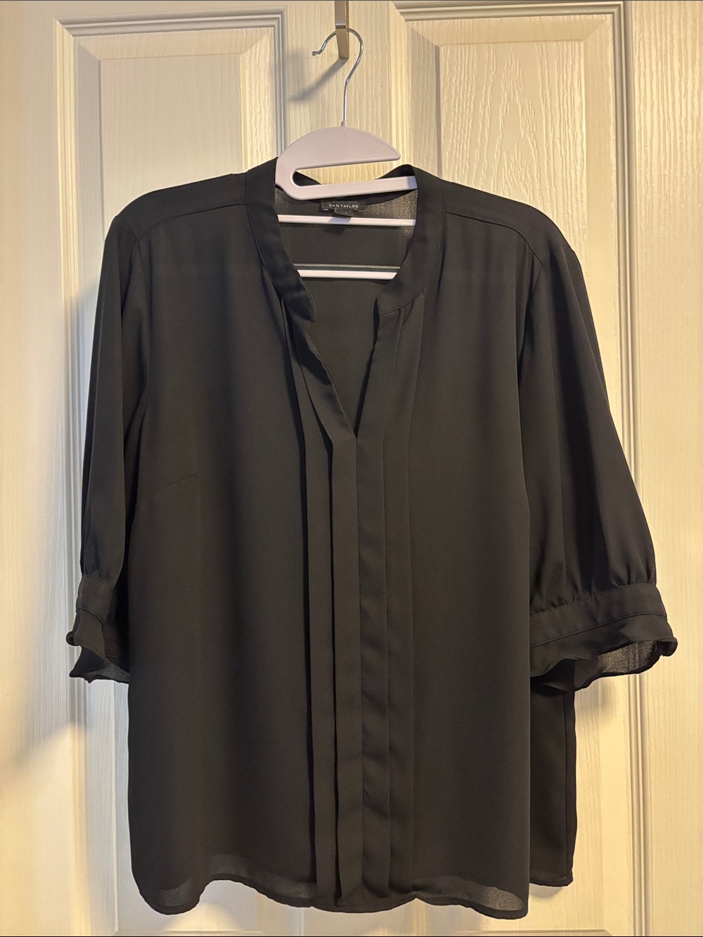 Ann Taylor Black Pleated Trim Relaxed Blouse